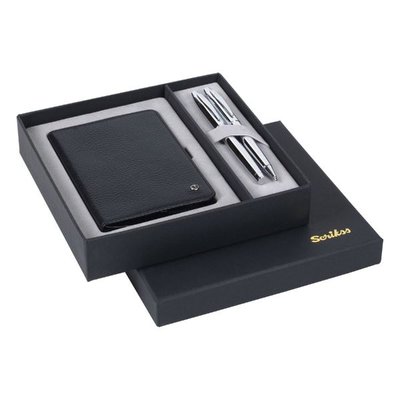 Scrikss 35 DR 223 Krom Dolma Kalem & Tükenmez Kalem ve Deri Siyah Pasaportluk Takımı