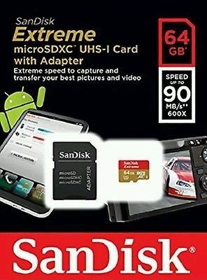SanDisk Extreme microSDXC 64GB + SD Adapter for Action Sports Cameras 90MB/s Class 10