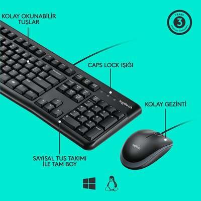 Logitech MK120 USB Kablolu Tam Boyutlu Türkçe Q Klavye Mouse Seti  - Siyah