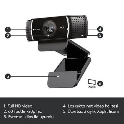 Logitech C922 Full HD 1080p Yayıncılar için Profesyonel Web Kamerası - Siyah