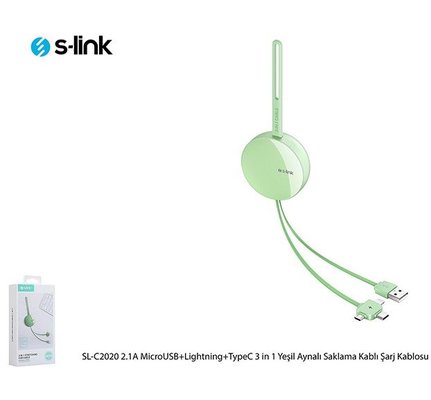 S-Link 2.1A Micro USB Lightning Type C Yeşil Aynalı Şarj Kablosu
