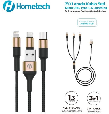 Hometech Kb-311 3in1 Şarj Kablosu Siyah