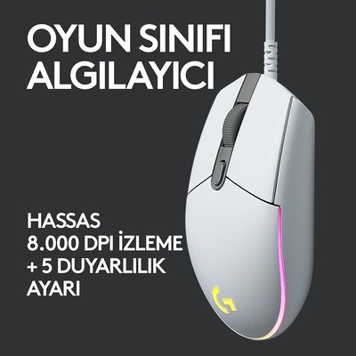 Logitech G G203 LIGHTSYNC RGB Aydınlatmalı 8000 DPI Kablolu Oyuncu Mouse - Beyaz