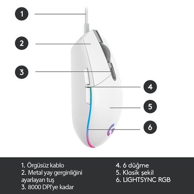 Logitech G G203 LIGHTSYNC RGB Aydınlatmalı 8000 DPI Kablolu Oyuncu Mouse - Beyaz