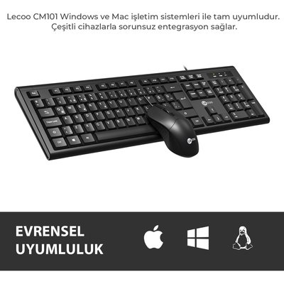 Lenovo Lecoo CM101 USB Kablolu Türkçe Q Klavye & Mouse Set Siyah