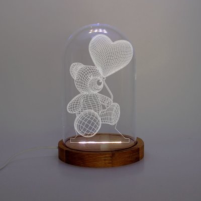 Kare Dekor Ayıcık 3D Işıklı Fanus