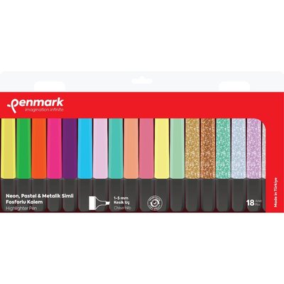 Penmark Fosforlu Kalem 18 li Asetat Karışık Renk 6 Neon +6 Pastel + 6 Simli Blisterli Set