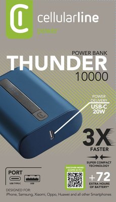 Cellularline Thunder 10.000 Mah Pd Usb-C 20 Watt Powerbank-Mavi