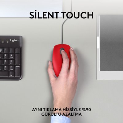 Logitech M110 Sessiz Tam Boyutlu Kablolu USB-A Bağlantılı Optik Mouse - Kırmızı
