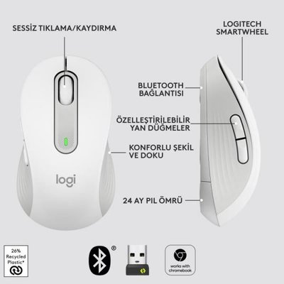 LOGITECH Signature M650 Küçük ve Orta Boy Sağ El Için Sessiz Kablosuz Mouse - Beyaz