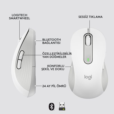 Logitech Signature M650 Büyük Boy Sol El Için Sessiz Kablosuz Mouse - Beyaz