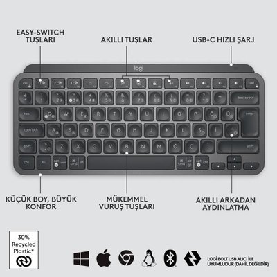 LOGITECH MX Keys Mini Minimalist Kablosuz Bluetooth Aydınlatmalı Klavye