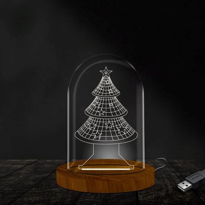 Kare Dekor Çam Ağacı 3D Işıklı Fanus