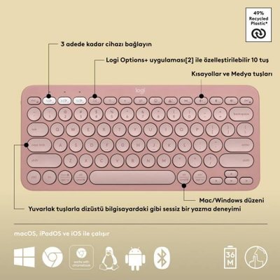 LOGITECH Pebble Keys 2 K380s Multi-Device Bluetooth Klavye Pembe