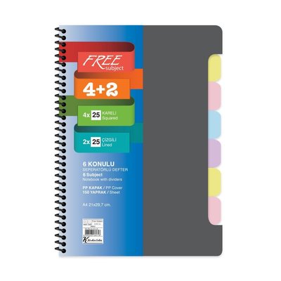 Keskin A4 4+2x25=150Yp. Ayraçlı Free Subject Defter Gri