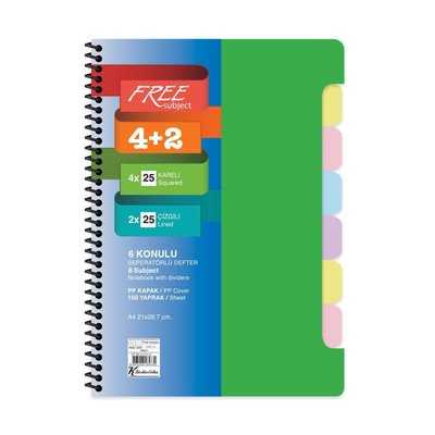 Keskin A4 4+2x25=150Yp. Ayraçlı Free Subject Defter Yeşil