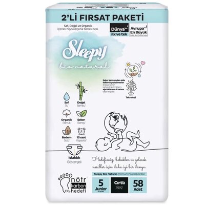 Sleepy Bio Natural 2'li Fırsat Paketi Bebek Bezi 5 Numara Junior 58 Adet