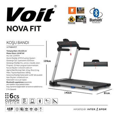 Voit Novafit Koşu Bandı - 12 Km Hız-Bluetooth App-Geniş Yürüme Alanı-Dik Katlanabilir-Sessiz Çalışma Sistemi