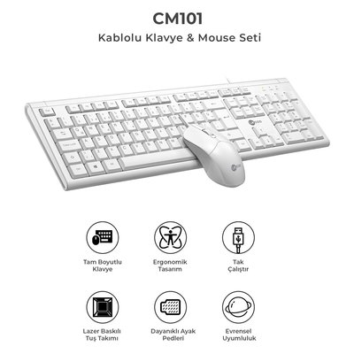 Lenovo Lecoo CM101 USB Kablolu Türkçe Q Klavye & Mouse Set Beyaz