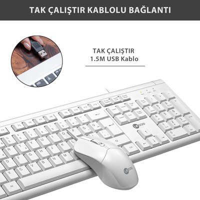 Lenovo Lecoo CM101 USB Kablolu Türkçe Q Klavye & Mouse Set Beyaz