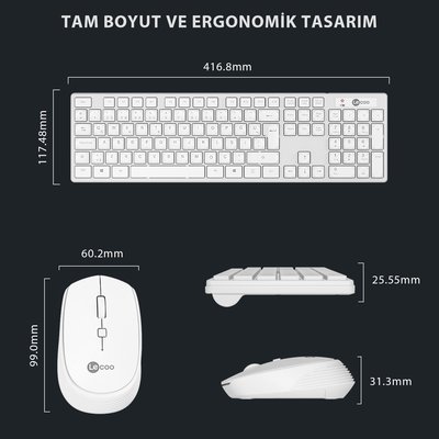 Lenovo Lecoo KM2001 Kablosuz Türkçe Q Klavye & Mouse Set Beyaz