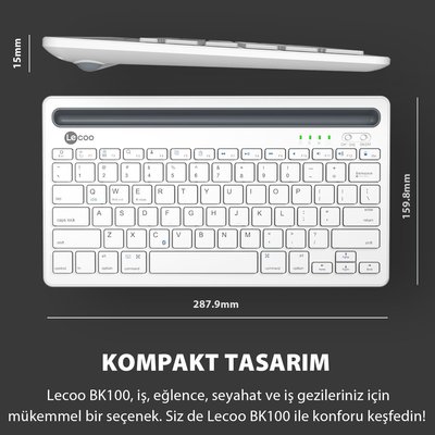 Lenovo Lecoo BK100 Çoklu Cihaz ile Uyumlu Şarj Edilebilir Kablosuz Bluetooth Türkçe Q Klavye Beyaz