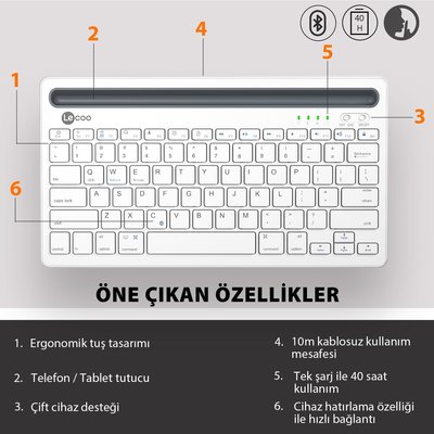 Lenovo Lecoo BK100 Çoklu Cihaz ile Uyumlu Şarj Edilebilir Kablosuz Bluetooth Türkçe Q Klavye Beyaz