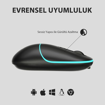 Lenovo Lecoo WS210 Dual Mod RGB 2.4GHz WiFi+ Bluetooth 1600DPI 6 Tuşlu Şarjlı Sessiz Kompakt Kablosuz Optik Mouse Siyah