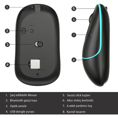 Lenovo Lecoo WS210 Dual Mod RGB 2.4GHz WiFi+ Bluetooth 1600DPI 6 Tuşlu Şarjlı Sessiz Kompakt Kablosuz Optik Mouse Siyah