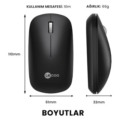 Lenovo Lecoo WS214 1200 DPI Kablosuz Optik Mouse Siyah