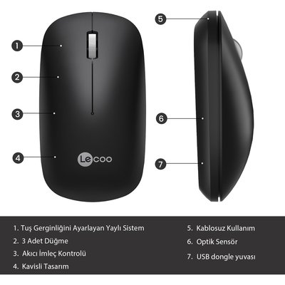 Lenovo Lecoo WS214 1200 DPI Kablosuz Optik Mouse Siyah