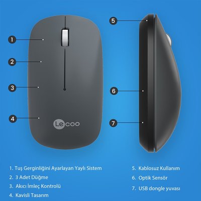 Lenovo Lecoo WS214 1200 DPI Kablosuz Optik Mouse Gri