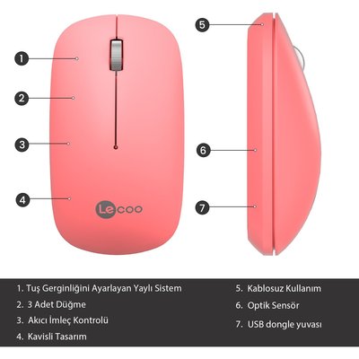 Lenovo Lecoo WS214 1200 DPI Kablosuz Optik Mouse Pembe