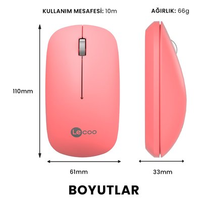 Lenovo Lecoo WS214 1200 DPI Kablosuz Optik Mouse Pembe