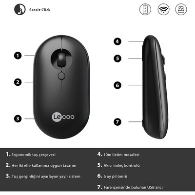 Lenovo Lecoo WS212 Kablosuz 1600DPI Sessiz Optik Mouse Siyah