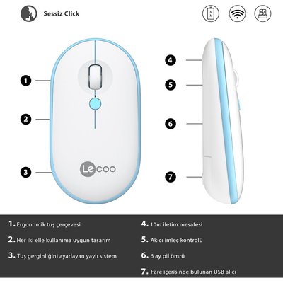 Lenovo Lecoo WS212 Kablosuz 1600DPI Sessiz Optik Mouse Beyaz & Mavi