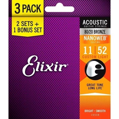 Elixir 11-52 Nanoweb Bronze Ekonomik 3'lü Set Akustik Gitar Teli (16538)