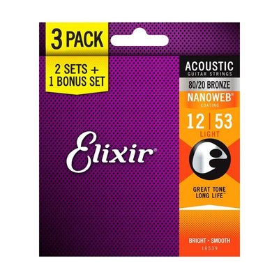 Elixir 12-53 Nanoweb 80/20 Bronze Ekonomik 3'lü Set Akustik Gitar Teli (16539)