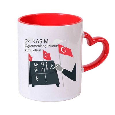 Öğretmene Hediyelik Kırmızı Kalpli Kulp Kupa-T02