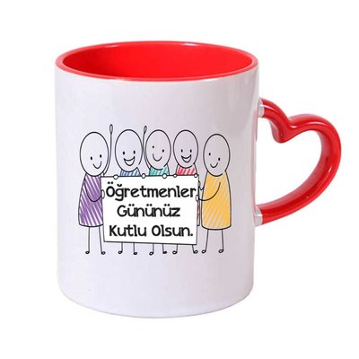 Öğretmene Hediyelik Kırmızı Kalpli Kulp Kupa-T05