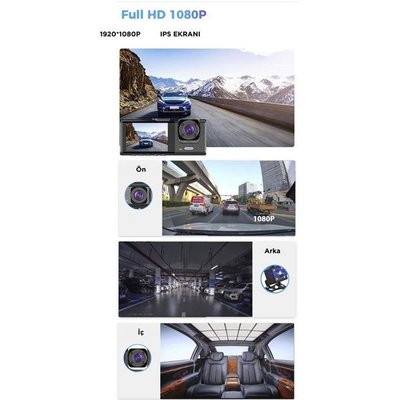 Torima Ta-01 Siyah 1080P Araç Içi 3 Kameralı LCD Ekranlı Gece Görüşlü G-Sensör Geri Görüş Kameralı Yol Kayıt Araç Kamerası