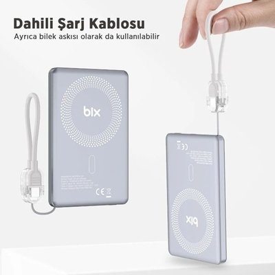 Bix PB114 5000mAh 20W Dahili Type-C Kablolu 15W Manyetik Kablosuz Şarj Özellikli Portatif Powerbank Taşınabilir Hızlı Şarj Cihazı