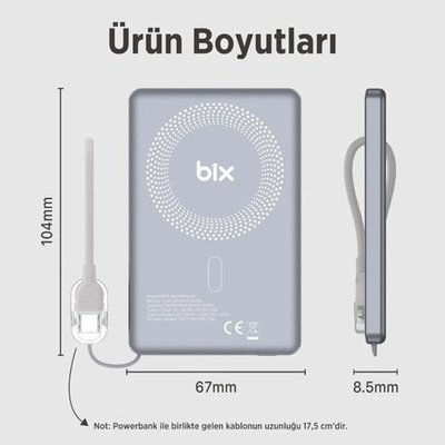 Bix PB114 5000mAh 20W Dahili Type-C Kablolu 15W Manyetik Kablosuz Şarj Özellikli Portatif Powerbank Taşınabilir Hızlı Şarj Cihazı