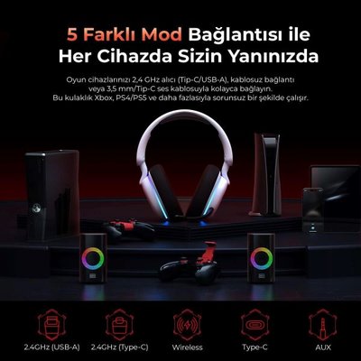 Havit Gamenote Fuxi-H7 Siyah RGB USB Kablolu / Kablosuz Kulak Üstü Oyuncu Kulaklığı