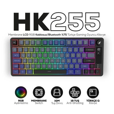 Hawk Gaming HK255 Siyah - Gri RGB %75 TKL Membrane Switch Kablolu / Kablosuz Oyuncu Klavyesi