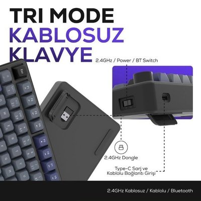 Hawk Gaming HK255 Siyah - Gri RGB %75 TKL Membrane Switch Kablolu / Kablosuz Oyuncu Klavyesi