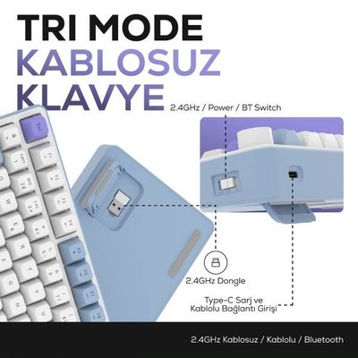 Hawk Gaming HK255 Mavi - Mor RGB %75 TKL Membrane Switch Kablolu / Kablosuz Oyuncu Klavyesi