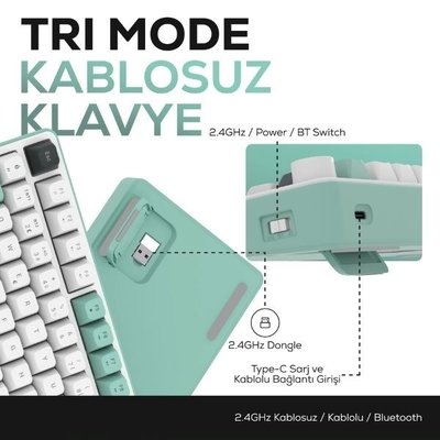 Hawk Gaming HK255 Gri - Yeşil RGB %75 TKL Membrane Switch Kablolu / Kablosuz Oyuncu Klavyesi