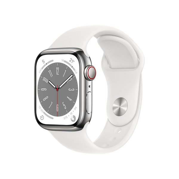 Apple Watch Series 8 GPS + Cellular 41mm Silver Stainless Steel Case with White Sport Band - MNJ53TU/A