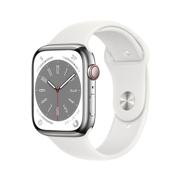 Apple Watch Series 8 GPS + Cellular 45mm Silver Stainless Steel Case with White Sport Band - MNKE3TU/A